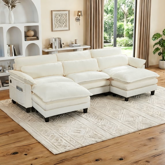 Howcool 113" Modular Sectional Sofa , 3 Seater U-Shaped Cloud Couch with Movable Ottoman, USB Charging Ports & Side Pockets, Sectional couchs for Living Room,Chenille Fabric,Beige