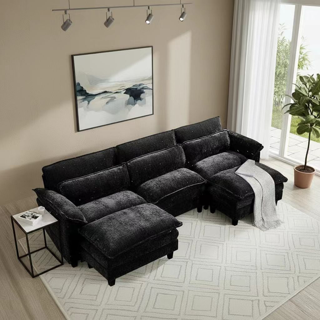 Howcool 113" Modular Sectional Sofa , 3 Seater U-Shaped Cloud Couch with Movable Ottoman, USB Charging Ports & Side Pockets, Sectional couchs for Living Room,Chenille Fabric,Black