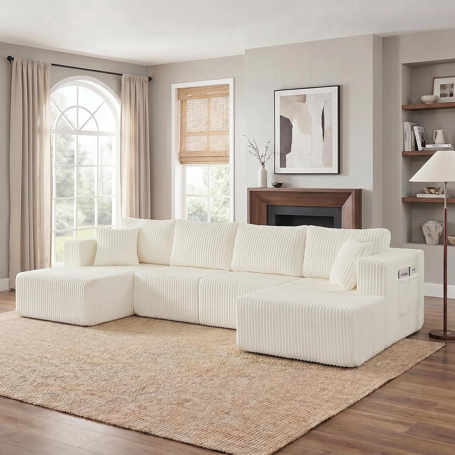 Howcool 132" U-Shaped Modular Cloud Couch Sectional Sofa, Oversized Deep Seat Corduroy Couch with Double Chaise, Boneless Memory Foam Sleeper Sofa Bed, No Assembly Required, Beige