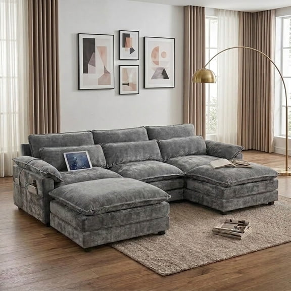 Howcool 113" Modular Sectional Sofa, U-Shaped 3 Seater Cloud Couch with Movable Ottoman, Deep Seat Chenille Sofa with USB Charging Ports & Side Pockets for Living Room, Grey