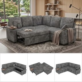 EPOWP 81" Sectional Sleeper Sofa, 5-Seater L-Shaped Modular Couch with Pull-Out Bed, Storage Chaise, USB & Type-C Charging Ports, Cup Holders, Chenille Sofa for Living Room, Apartment,Gray