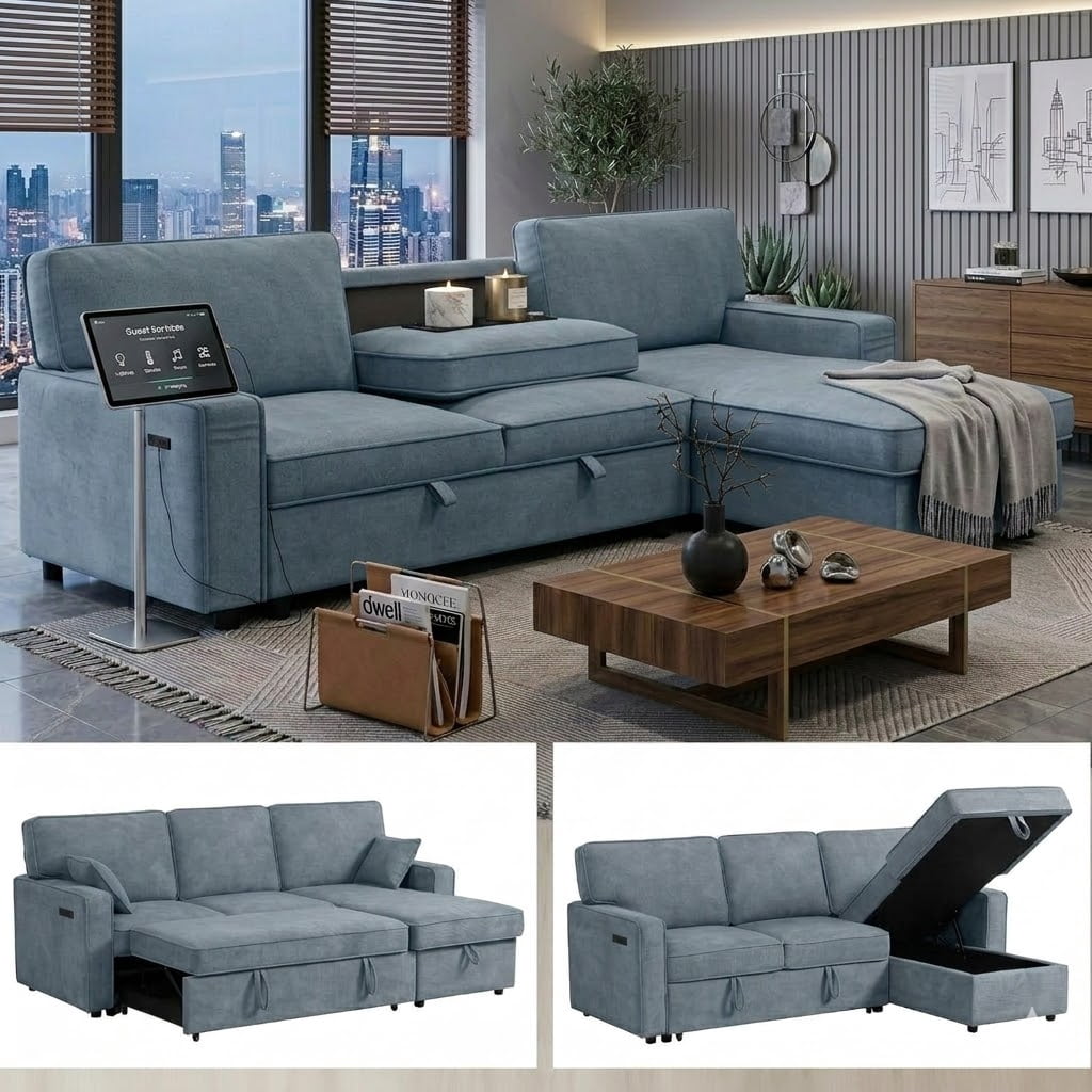 Howcool Sectional Sleeper Sofa,L Shaped Chenille Convertible Sofa Bed 89" 3 Seater with Flip-Down Center Console & USB Charging Ports,Pull Out Couch for Living Room Apartment Office,Blue