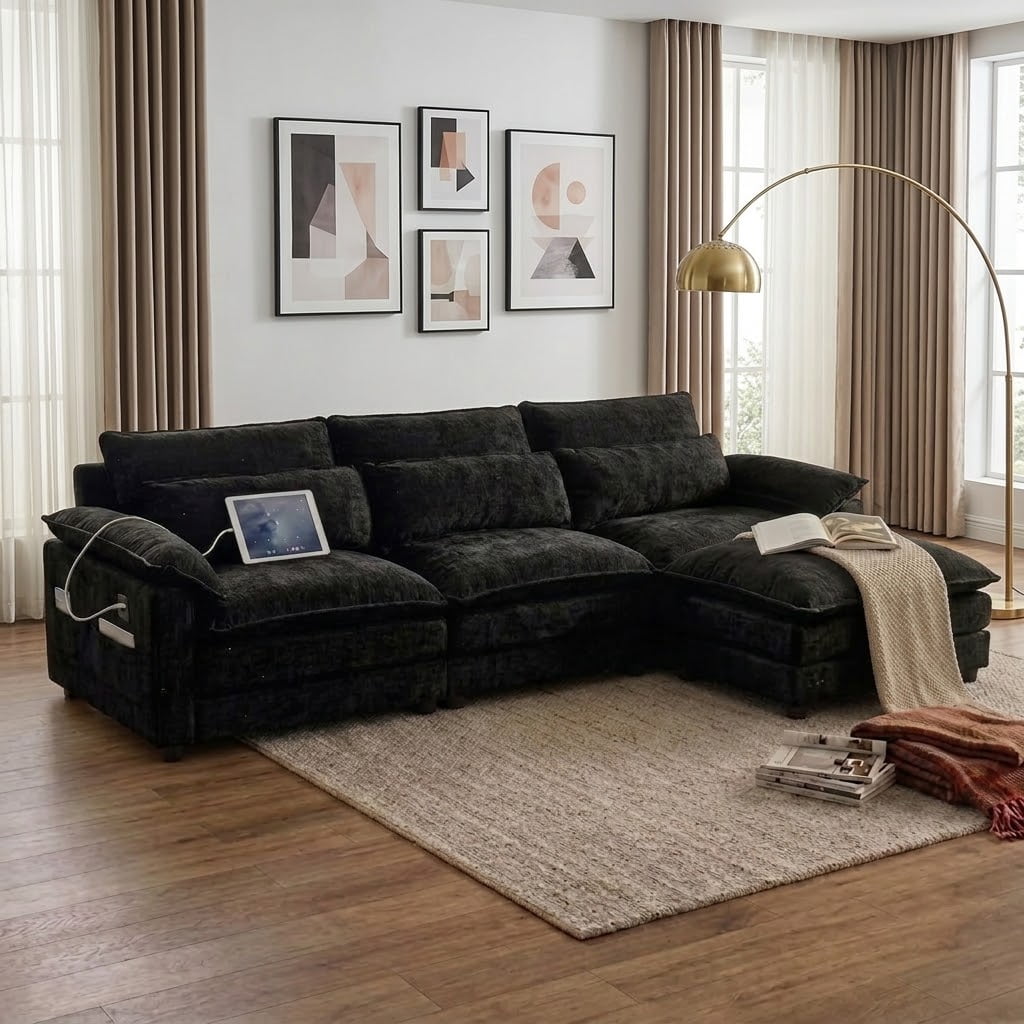 Howcool 113" Modular Sectional Sofa, L-Shaped 3 Seater Cloud Couch with Movable Ottoman, Deep Seat Chenille Sofa with USB Charging Ports & Side Pockets for Living Room, Black