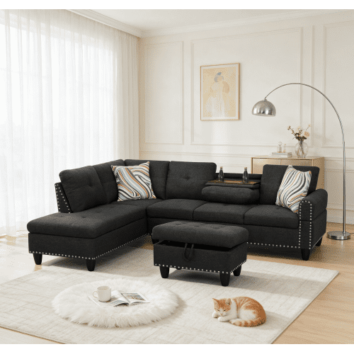 Howcool 98" Sectional Sofa, L-Shaped Couch with Storage Ottoman & Left-Facing Chaise, Linen Fabric Modular Sectional Sofa for Living Room, Apartment & Small Space, Black