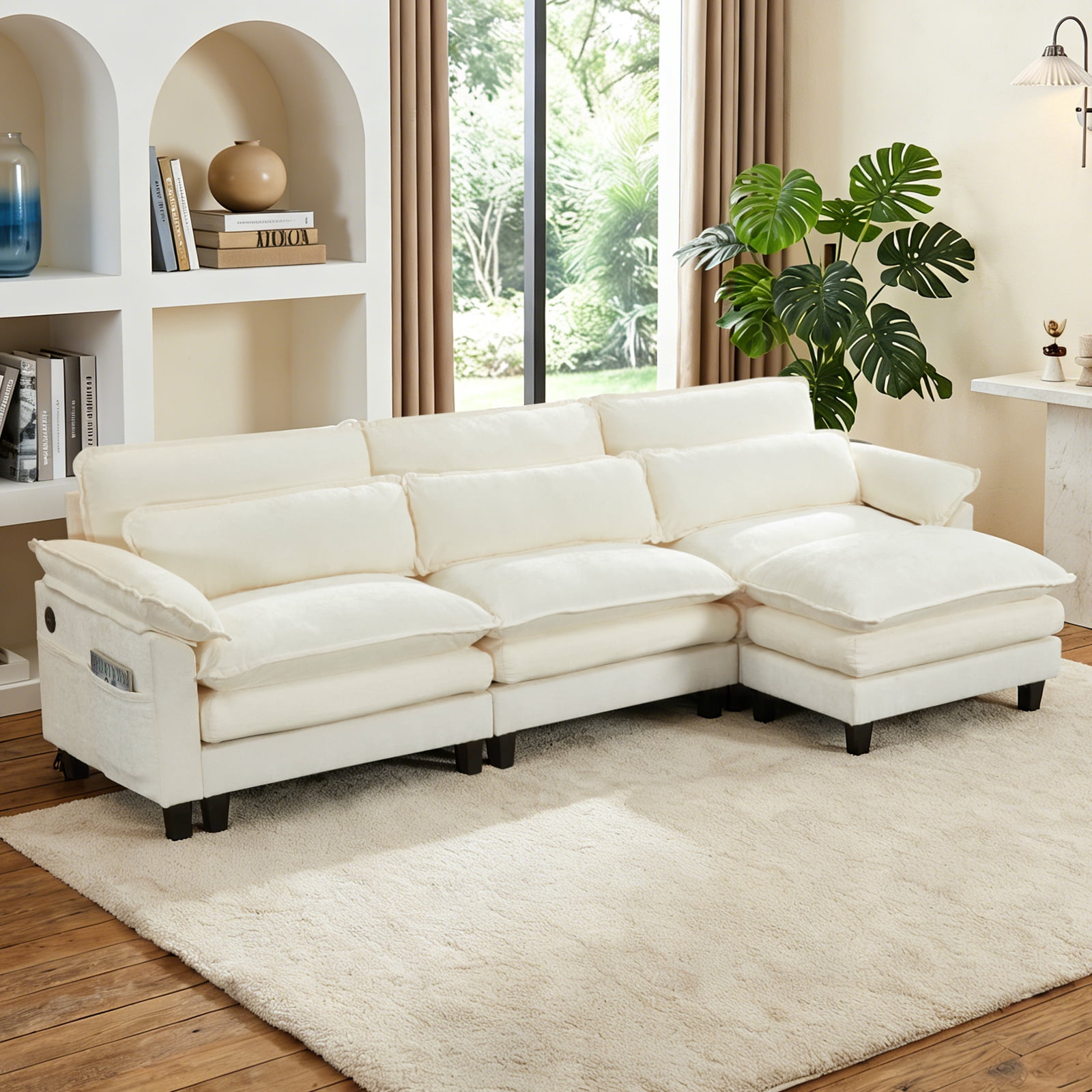 Howcool 113" Modular Sectional Sofa with Movable Ottoman , 3 Seater L Shaped Cloud Couch for Living Room, USB Charging Ports & Side Pockets, Chenille Fabric, Beige
