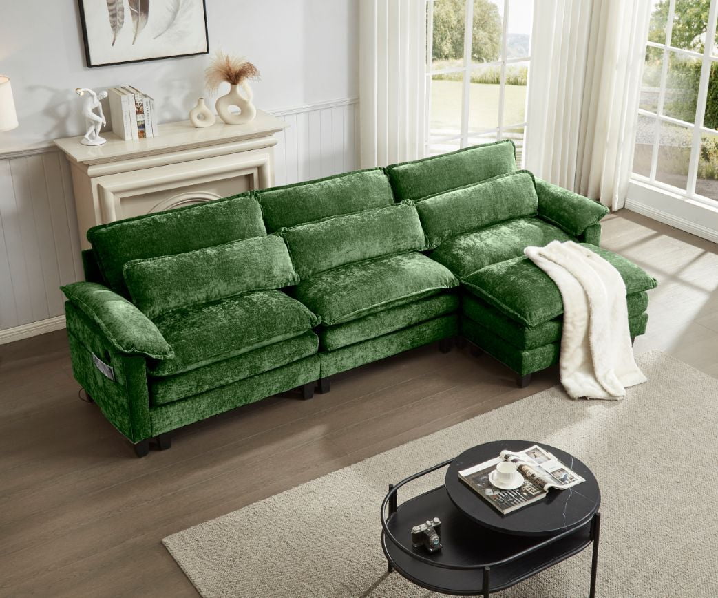 Howcool 113" Modular Sectional Sofa with Movable Ottoman , 3 Seater L Shaped Cloud Couch for Living Room, USB Charging Ports & Side Pockets, Chenille Fabric, Green