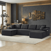 134 Inch Cloud Couch U-Shaped Modular Sectional Sofa, Deep Seat Corduroy Boneless Sofa with Cupholders & Side Storage, Modern Upholstered Couches for Living Room, No Assembly, Dark Grey