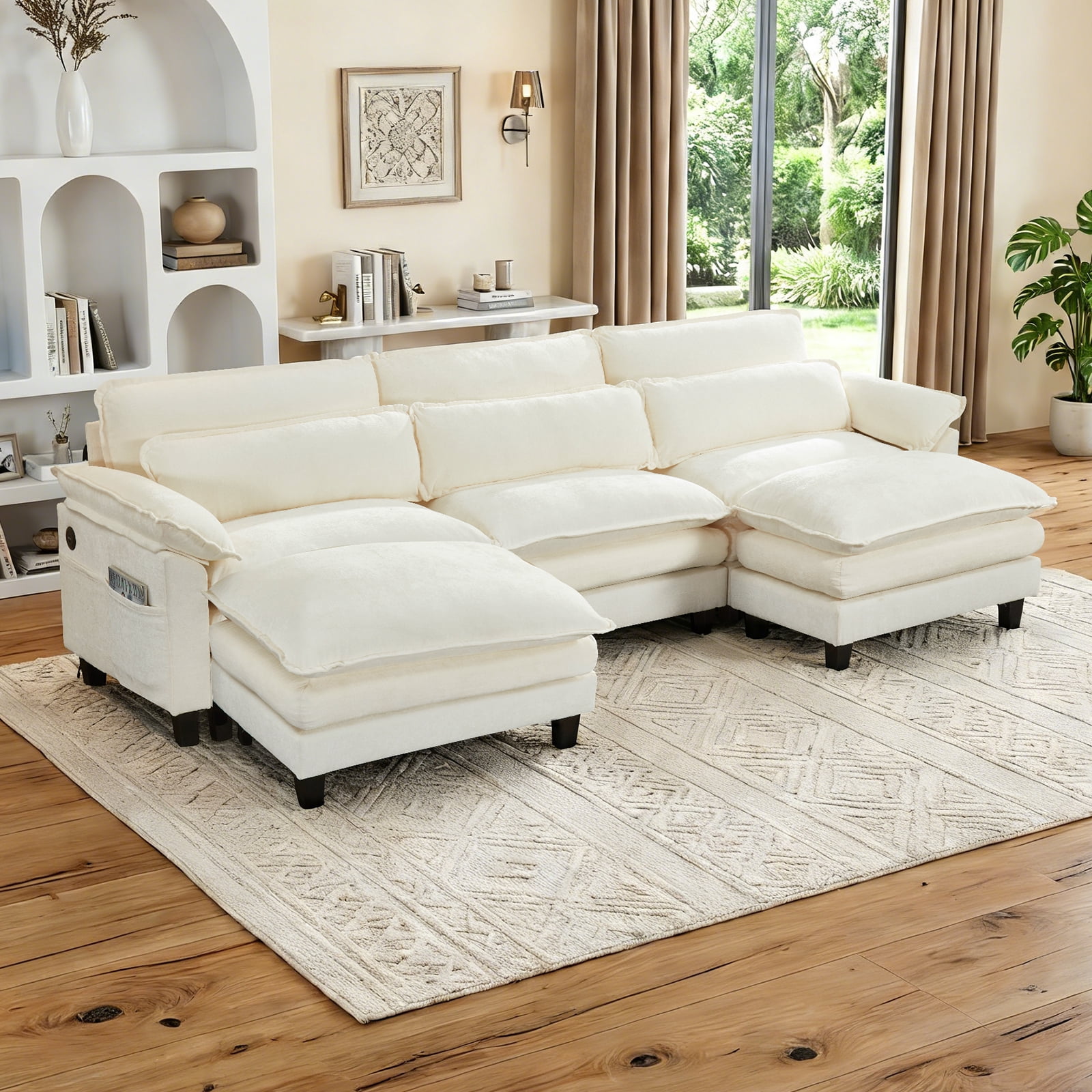 Howcool 113" Modular Sectional Sofa with Movable Ottoman , 3 Seater U Shaped Cloud Couch for Living Room, USB Charging Ports & Side Pockets, Chenille Fabric, Beige
