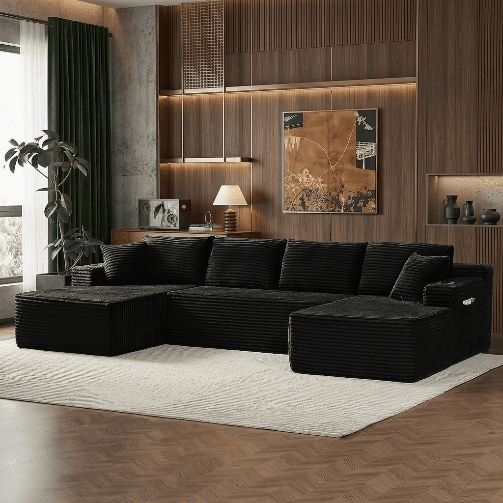 134 Inch Cloud Couch U-Shaped Modular Sectional Sofa, Deep Seat Corduroy Boneless Sofa with Cupholders & Side Storage, Modern Upholstered Couches for Living Room, No Assembly,Black