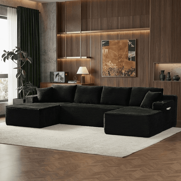 134 Inch Cloud Couch U-Shaped Modular Sectional Sofa, Deep Seat Corduroy Boneless Sofa with Cupholders & Side Storage, Modern Upholstered Couches for Living Room, No Assembly,Black