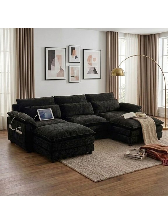 113" Modular Sectional Sofa, U-Shaped 3 Seater Cloud Couch with Movable Ottoman, Deep Seat Chenille Sofa with USB Charging Ports & Side Pockets for Living Room, Black