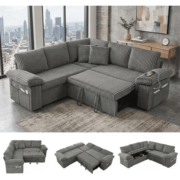EPOWP 81" Modular Sectional Sleeper Sofa, L Shaped 5-Seater Couch with Pull Out Bed, Large Storage Chaise, USB Charging Ports & Adjustable Backrest, Corduroy Sofa Bed for Living Room,Light Grey
