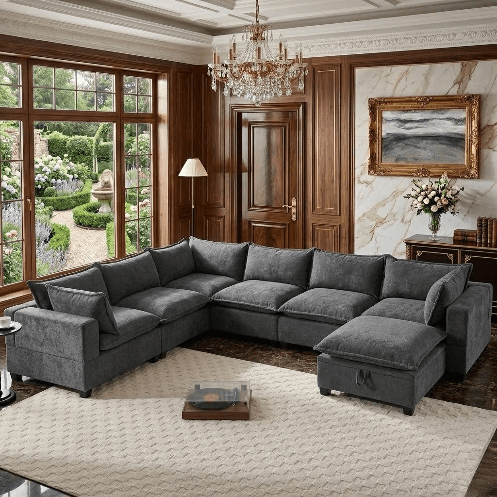 Howcool 118" Modular Sectional Sofa with Corner Seat and Movable Ottoman, Deep Seat Cloud Couch,7-Seat Living Room Set, Greyt,Grey
