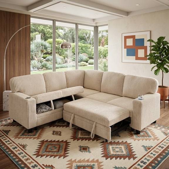 Howcool 81" Modular Sectional Sleeper Sofa with Pull Out Bed, L-Shaped Corduroy Cloud Couch, Reversible Storage Chaise, USB Charging Ports, Cup Holders & Side Storage for Living Room, Beige