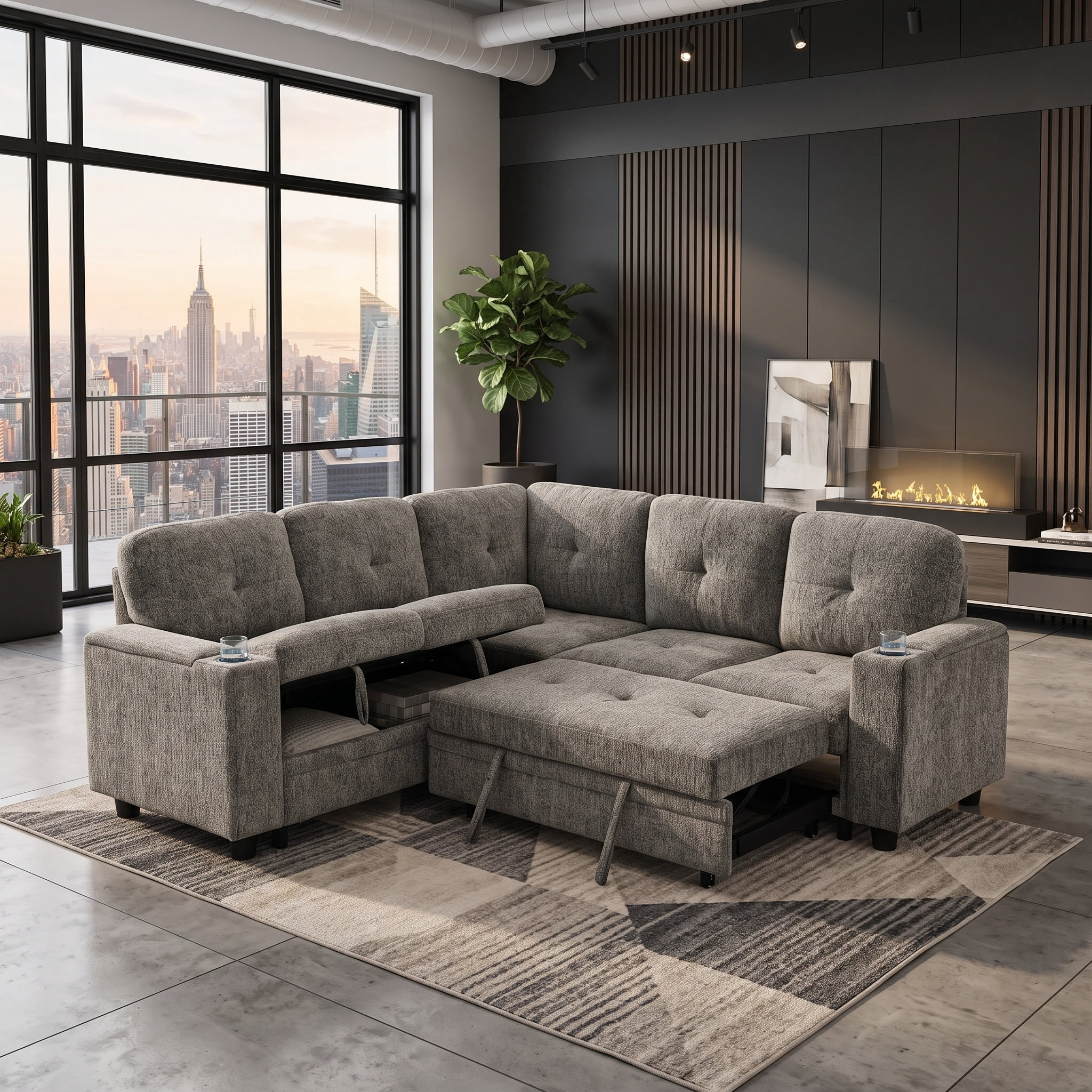 Howcool 81" Sectional Sleeper Sofa with Pull Out Bed, Modular L-Shaped Chenille Couch with Storage Chaise, USB Charging Ports & Cup Holders for Living Room, Apartment, Grey