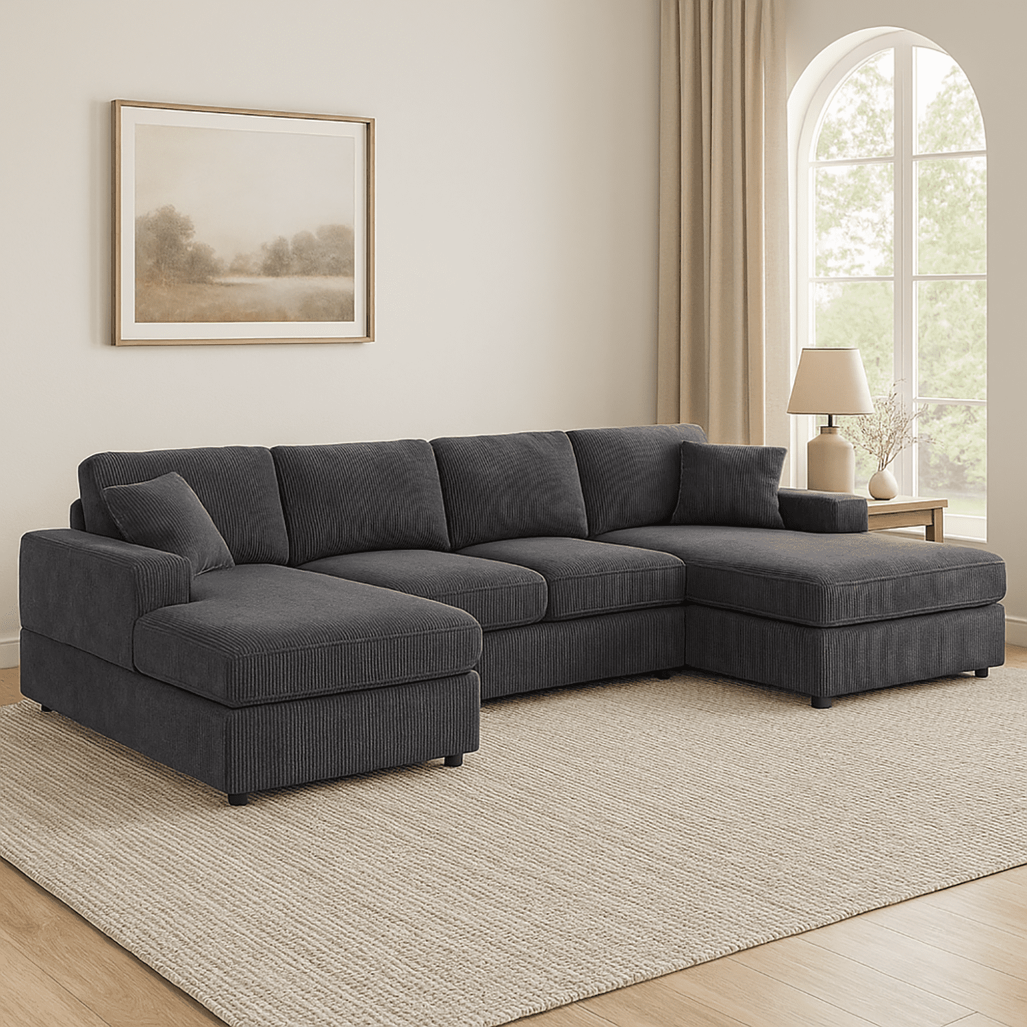 Howcool 120" Modular Sectional Sofa U Shaped Cloud Couch with Double‑Chaise, 4 Seat Corduroy Sofa with Washable Removable Covers for Living Room,Gray