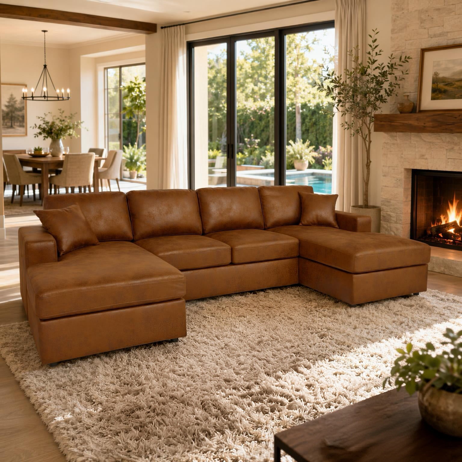 Howcool 120" U‑Shaped Double‑Chaise Modular Sectional Sofa, Cloud Couch 4 Seat Breathable PU Leather & Polyester with Washable Removable Covers for Living Room, Antique Brown