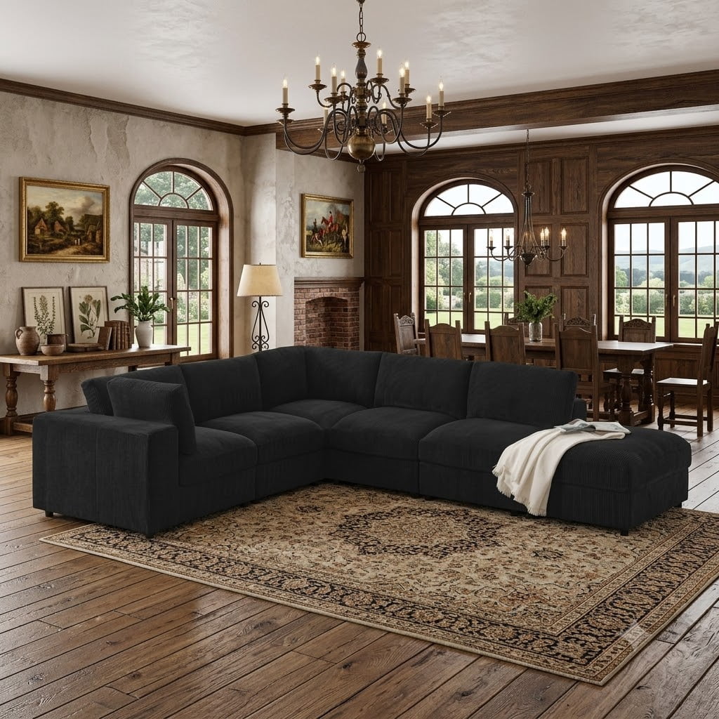 Howcool Cloud Couch Modular Sectional Sofa 6 Seat 122" L Shaped Reversible Convertible Couch, Corduroy Thick Cushion with Storage Ottomans, Washable Removable Cover for Living Room,Black