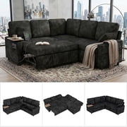 81" Modular Sectional Sleeper Sofa, L Shaped 5-Seater Couch with Pull Out Bed, Large Storage Chaise, USB Charging Ports & Cup Holders, Chenille Sofa Bed for Living Room, Black