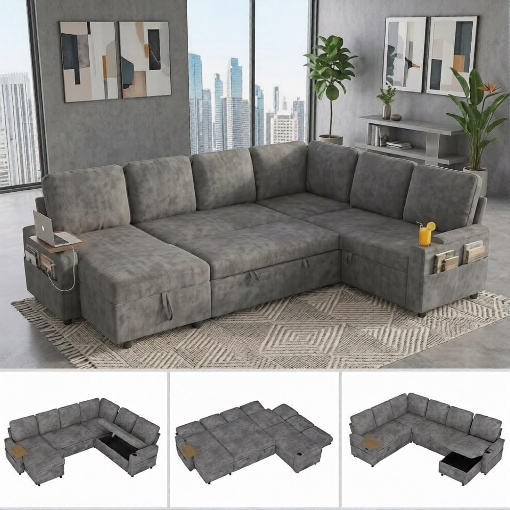 EPOWP 108" Modular Sectional Sleeper Sofa,7‑Seater L‑Shaped Pull Out Sofa Bed with Adjustable Backrest, Side Table & Charging Ports, Chenille Upholstered Sectional Couch for Living Room,Grey