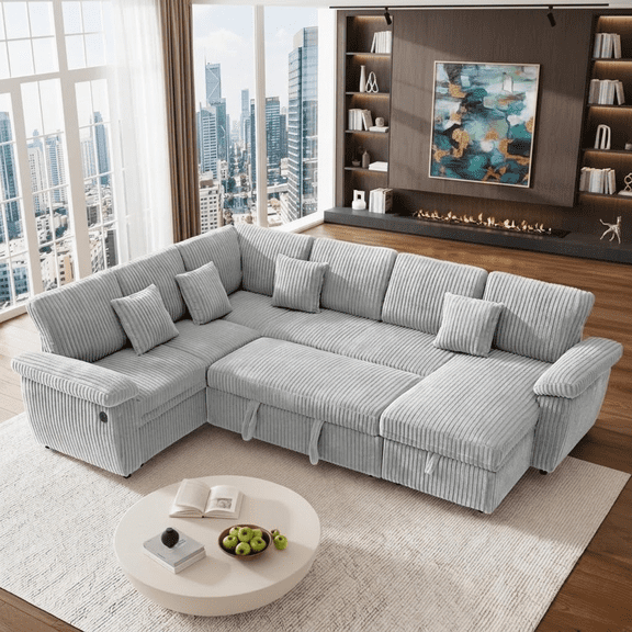 Howcool Modular Sectional Sleeper Sofa with Pull-Out Bed, U-Shaped Convertible 7-Seat Cloud Couch with Storage Chaise & USB Charging, Plush Corduroy Sectional for Living Room,Grey