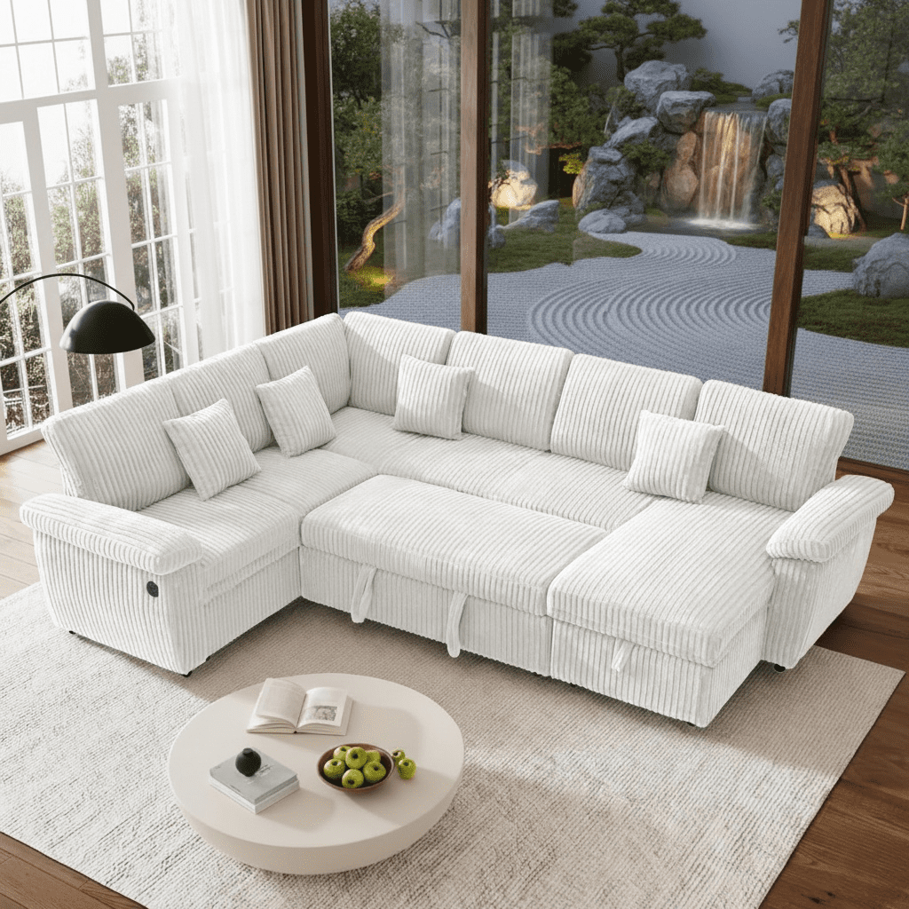 Howcool U-Shaped Sectional Sleeper Sofa with Pull-Out Bed, 7-Seat Convertible Couch, Modular Sofa with Storage Chaise and USB Ports, Plush Corduroy Living Room Furniture,Beige