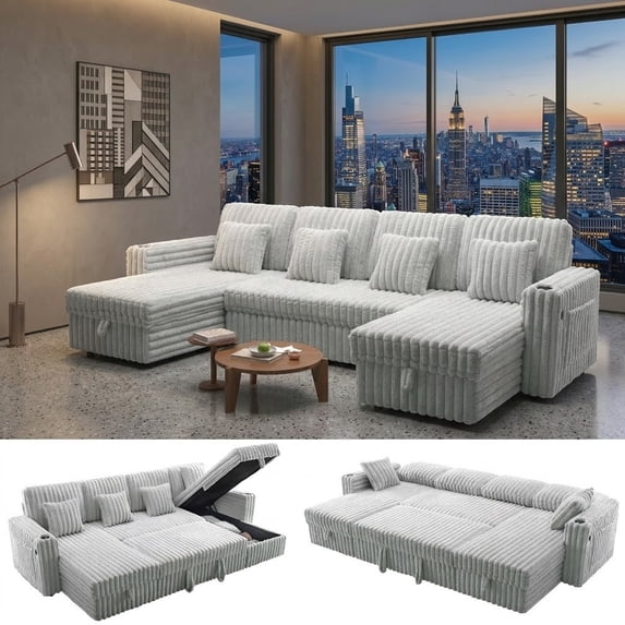 Howcool 124" Modular Sectional Sleeper Sofa, U-Shaped Pull-Out Bed with Storage Chaise, Fluffy Plush Corduroy Fabric, Cup Holders & USB Charging for Living Room,Light Grey