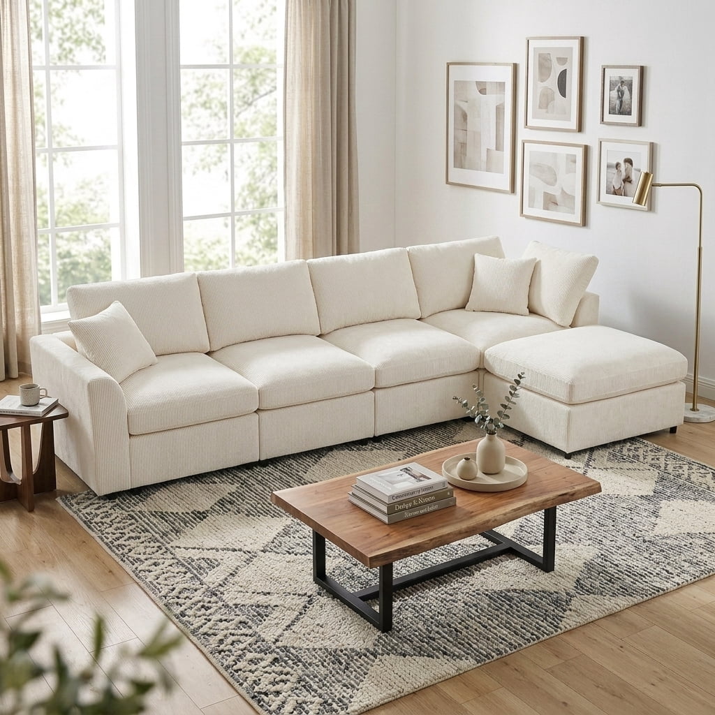 Howcool 130.3"W L-Shaped Modular Sectional Sofa with Movable Ottoman,5-Seater Chenille Upholstered Sofa,Deep Seat Sofa Couch for Living Room and Apartment,Beige