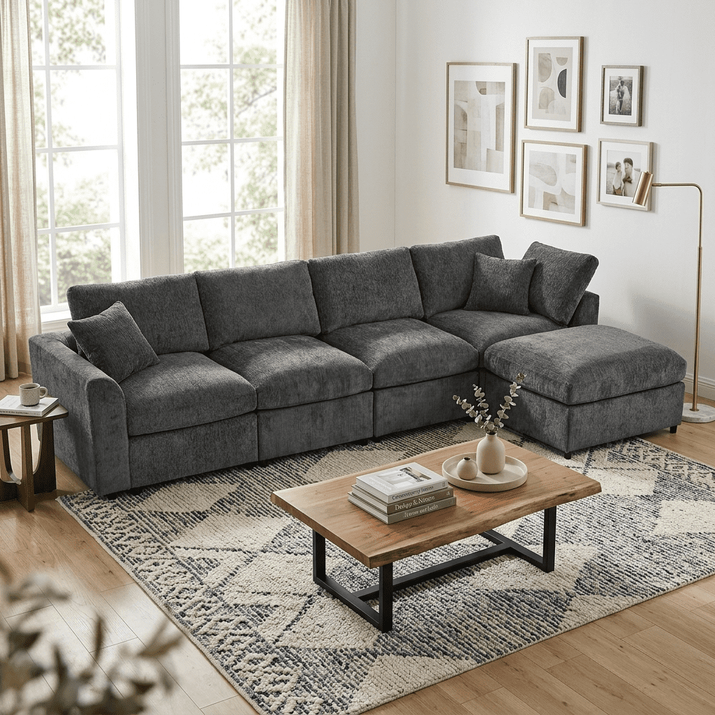 Howcool 130.3"W L-Shaped Modular Sectional Sofa with Movable Ottoman,5-Seater Chenille Upholstered Sofa,Deep Seat Sofa Couch for Living Room and Apartment,Gray