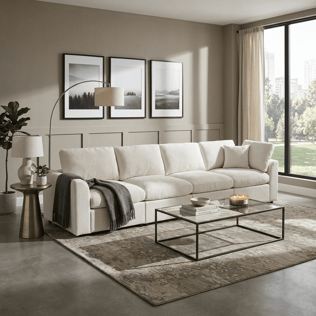 Howcool 130.3"W Modern 4-Seater Modular Sofa,Soft Chenille Upholstered Sofa Couch with Deep Seat & Accent Pillow for Living Room,Apartment,Gray