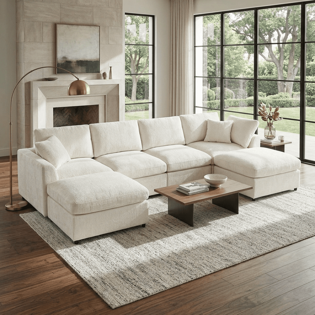 Howcool 130.3"W U-Shaped Modular Sectional Sofa with 2 Movable Ottomans,6-Seater Chenille Upholstered Sofa,Deep Seat Sofa Couch for Living Room and Apartment,Beige