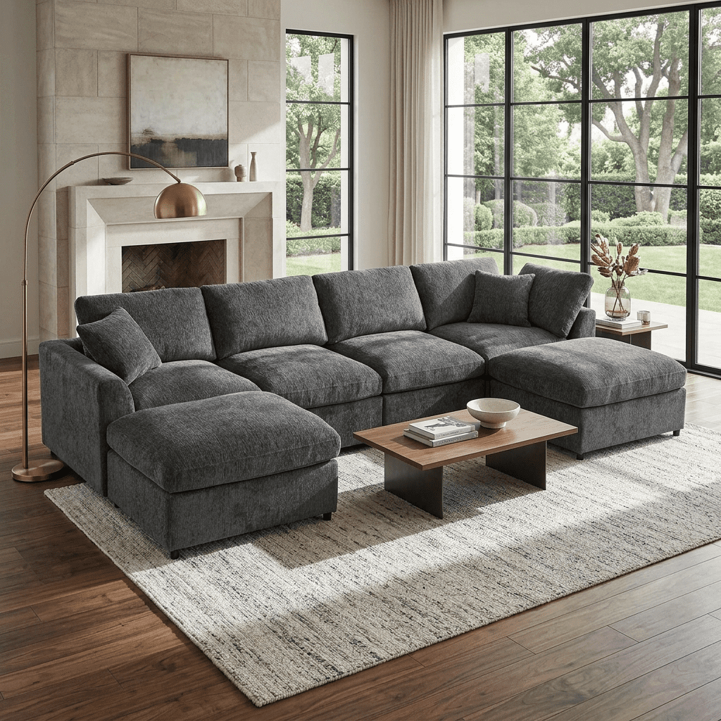 Howcool 130.3"W U-Shaped Modular Sectional Sofa with 2 Movable Ottomans,6-Seater Chenille Upholstered Sofa,Deep Seat Sofa Couch for Living Room and Apartment,Gray