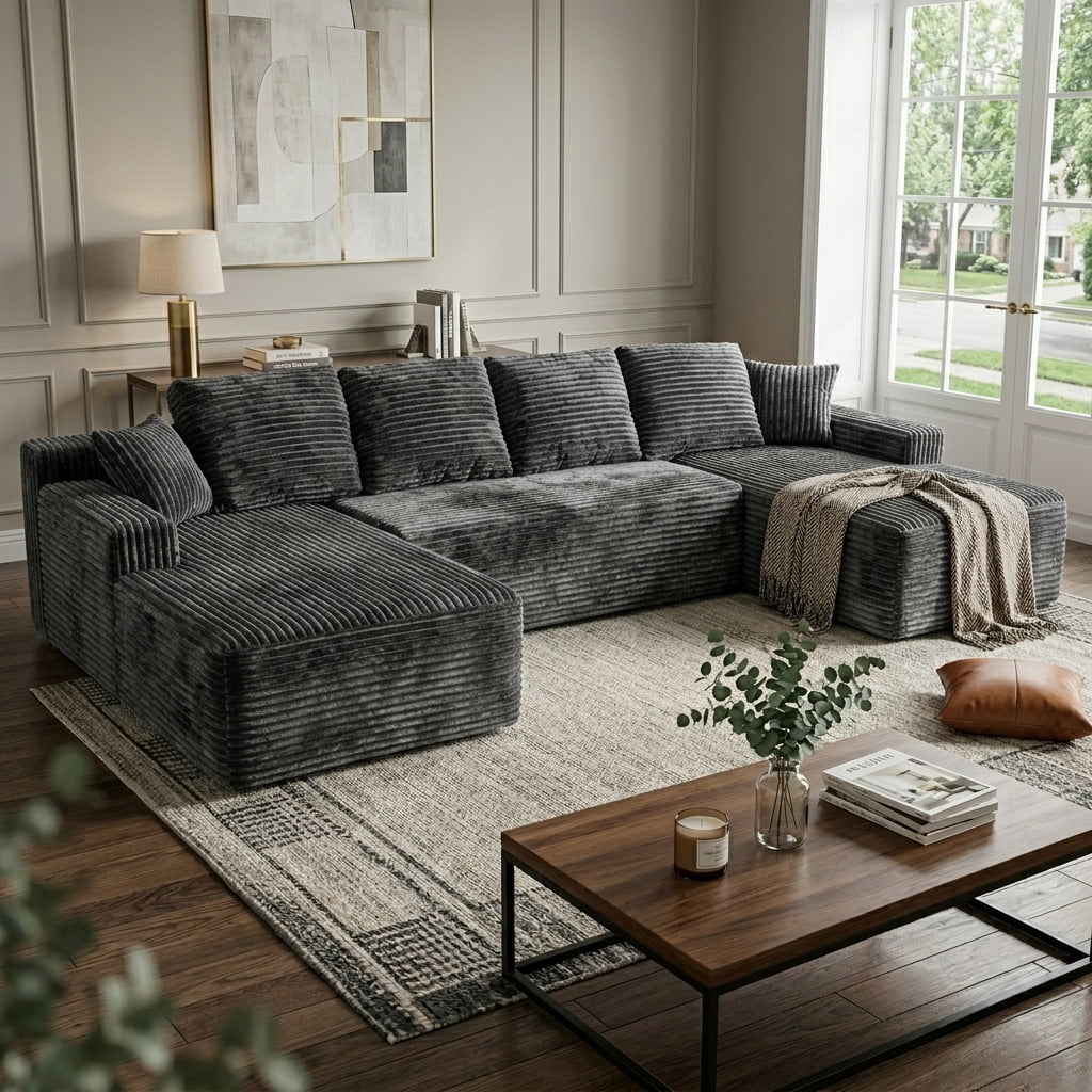 Howcool 131" U‑Shaped Modular Sectional Sofa with Deep Seat Chaise,Corduroy 4‑Seat Boneless Cloud Couch,Compressed Sofa for Living Room,No Assembly Required,Gray