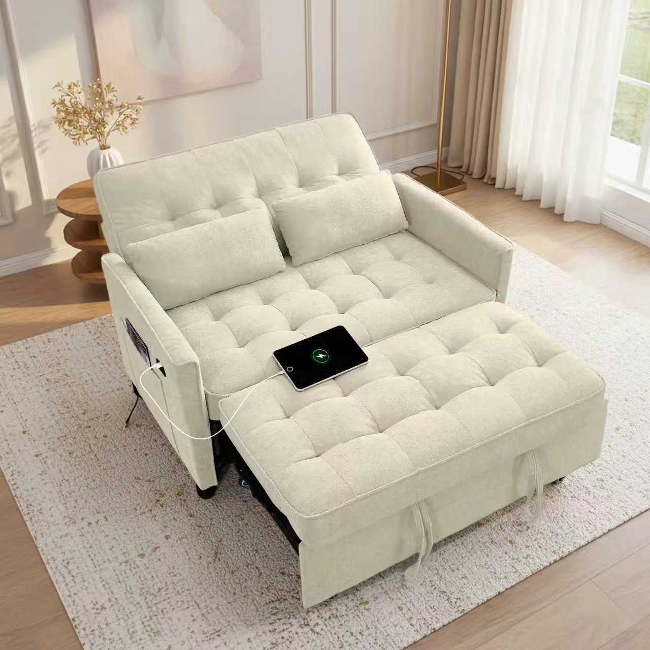 Howcool 55" Convertible Sofa Bed Pull Out Couch Sleeper Sofa with Adjustable Backrest USB Charging Ports Side Pocket Terry Cloth Fabric for Living Room Small Spaces,Beige