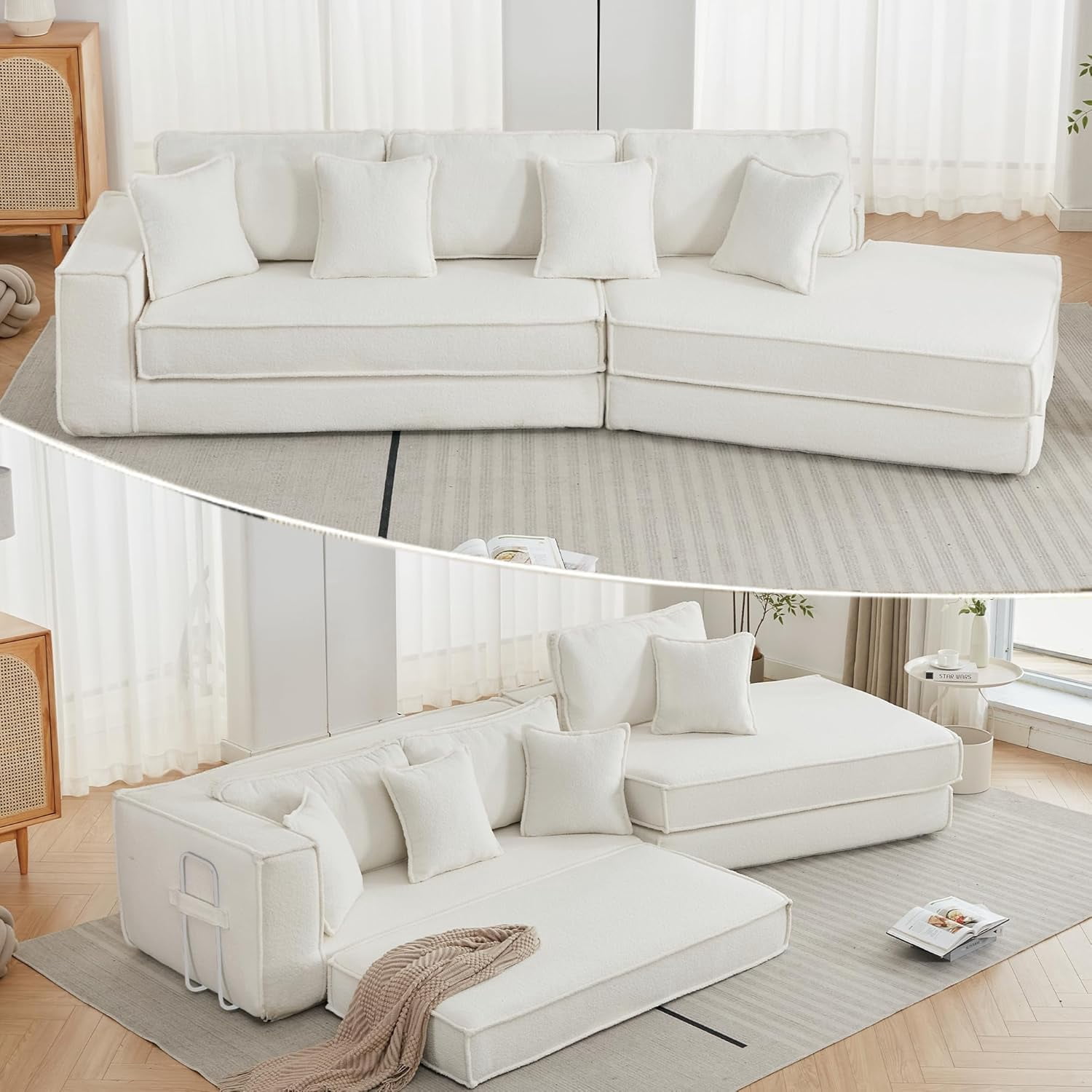 Howcool 133" Modular Cloud Sectional Sofa Bed, 2-in-1 Folding Convertible Couch, Lamb Velvet Fabric, Deep Seat Floor Gaming Sofa, 3-Seat Sleeper for Living Room, Beige