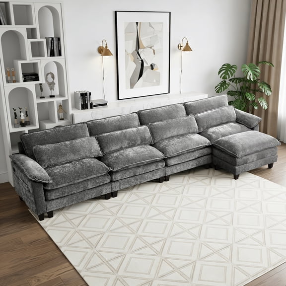 Howcool 148" Modular Sectional Sofa , 4 Seater L-Shaped Cloud Couch with Movable Ottoman, USB Charging Ports & Side Pockets, Sectional couchs for Living Room,Chenille Fabric,Grey