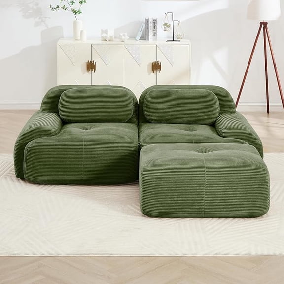 Howcool 80" Modern Corduroy Boneless Love Seat Couches with 1 Ottoman,2 Seater Large Sectional Couches for Living Room,Cloud Modular Sectional Sofa,Memory Foam, Extra Deep Loveseat,No Assembly,Green