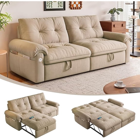 3-in-1 Convertible Sofa Bed, 77" Queen Size Loveseat Sleeper with Pull Out Bed, USB and Side Storage Pockets, Modern 2 Seater Small Couch for Apartment Living Room, Velvet Fabric, RV-Friendly, Brown
