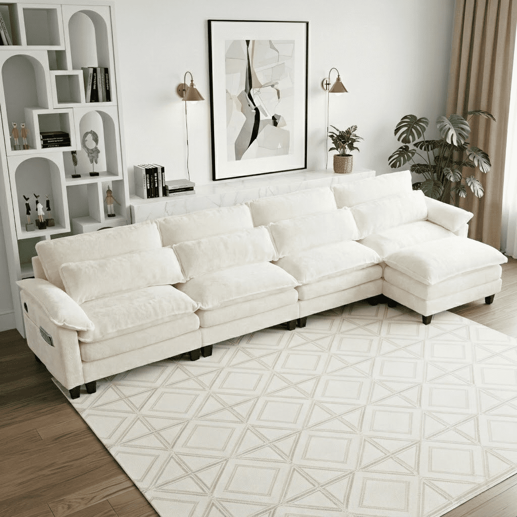 Howcool 148" Modular Sectional Sofa , 4 Seater L-Shaped Cloud Couch with Movable Ottoman, USB Charging Ports & Side Pockets, Sectional couchs for Living Room,Chenille Fabric,Beige