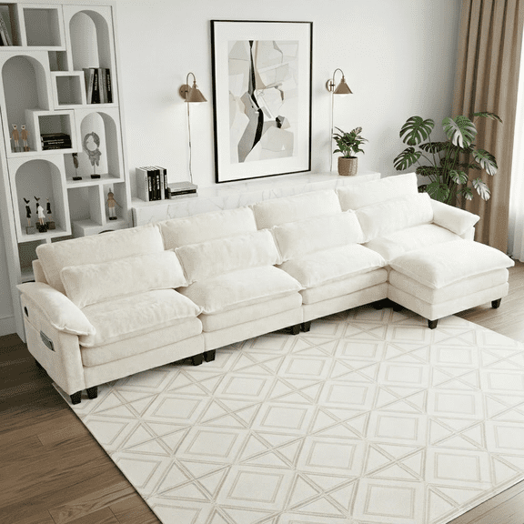Howcool 148" Modular Sectional Sofa , 4 Seater L-Shaped Cloud Couch with Movable Ottoman, USB Charging Ports & Side Pockets, Sectional couchs for Living Room,Chenille Fabric,Beige