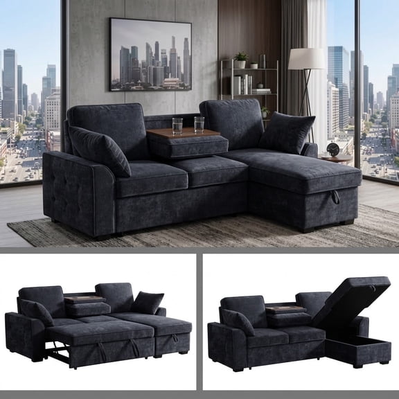 Howcool Sectional Sleeper Sofa,L Shaped Chenille Convertible Sofa Bed 85.5" 3 Seater with Flip-Down Center Console,Pull Out Couch for Living Room Apartment Office,Dark Blue