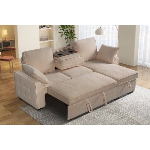 Howcool Sectional Sleeper Sofa,L Shaped Chenille Convertible Sofa Bed 85.5" 3 Seater with Flip-Down Center Console,Pull Out Couch for Living Room Apartment Office,Beige
