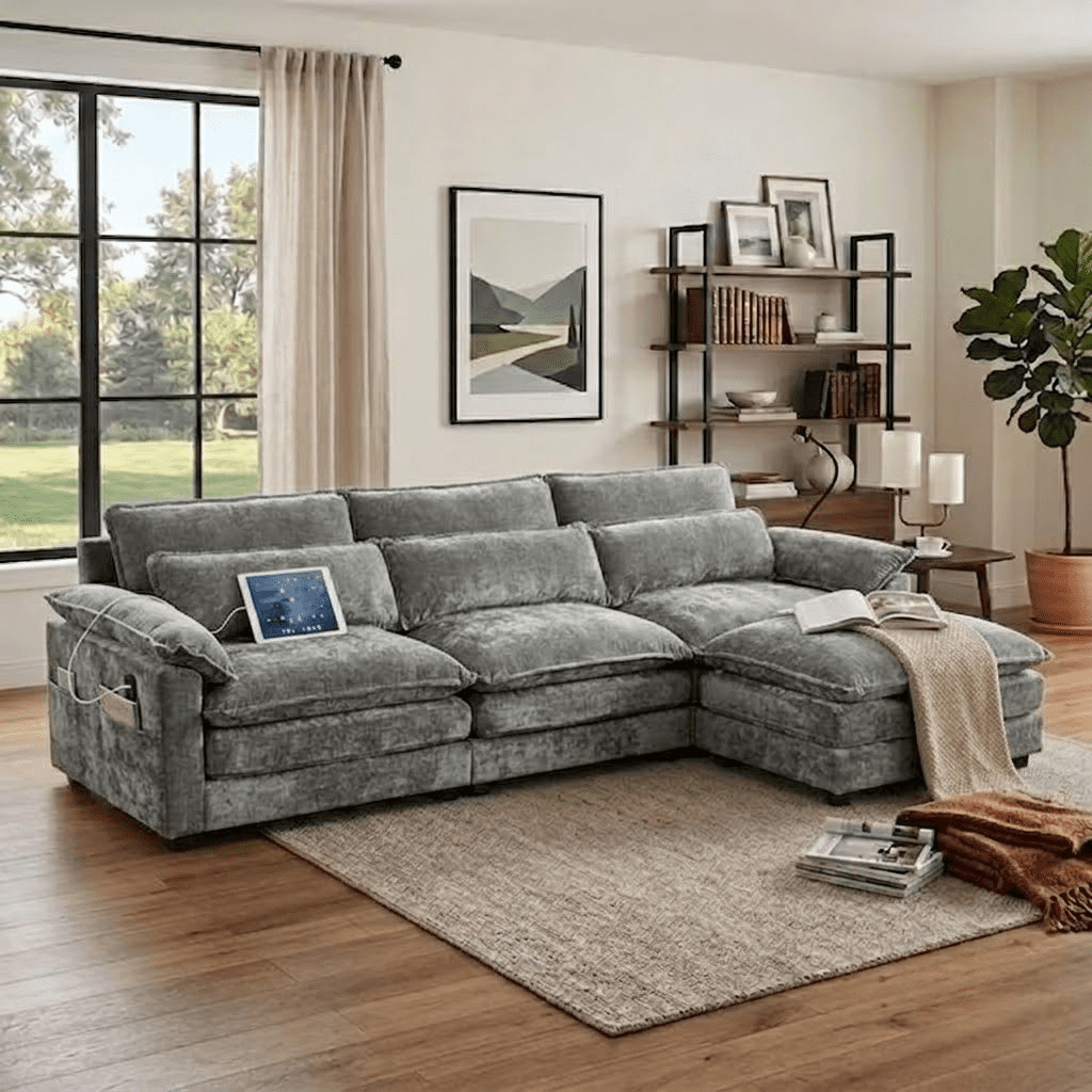 Howcool Cloud Couch Modular Sectional Sofa 3 Seat 113" L Shaped Convertible Couch Chenille Thick Cushion with Ottoman, Removable & Washable Cover for Living Room, Grey