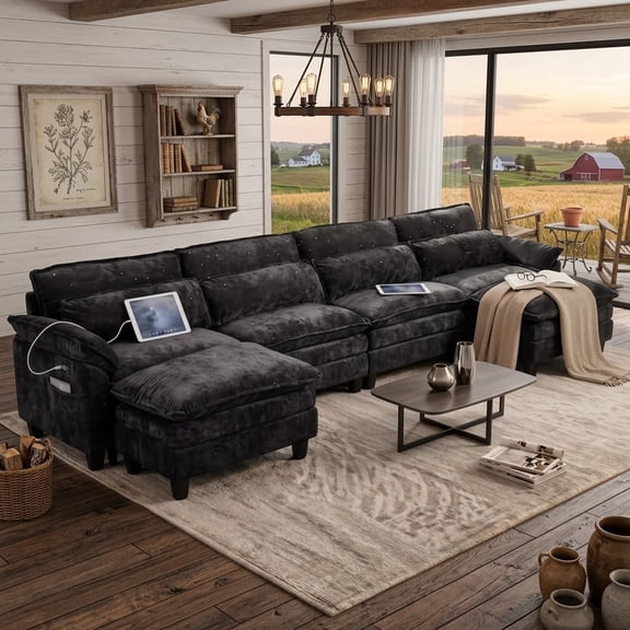 Howcool 148" Cloud Sectional Sofa with Extra Deep Seat, U Shaped Sectional Couch for Living Room, 6 Seater Chenille Sofa, Modern Modular Couch with 2 Ottoman, USB & Side Pockets, Black