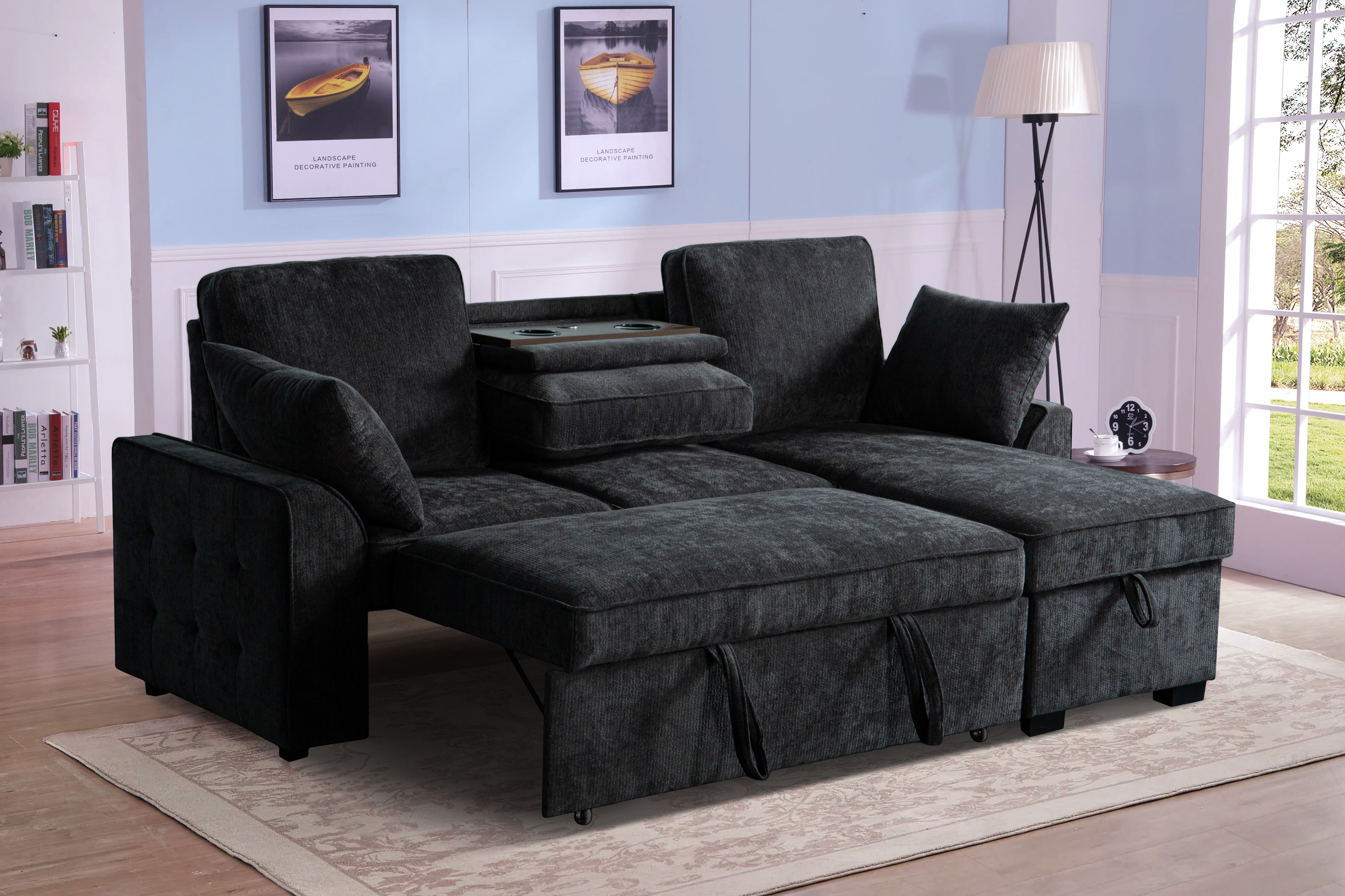 Howcool Sectional Sleeper Sofa,L Shaped Chenille Convertible Sofa Bed 85.5" 3 Seater with Flip-Down Center Console,Pull Out Couch for Living Room Apartment Office,Dark Grey