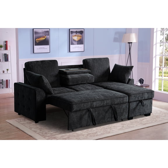 Howcool Sectional Sleeper Sofa,L Shaped Chenille Convertible Sofa Bed 85.5" 3 Seater with Flip-Down Center Console,Pull Out Couch for Living Room Apartment Office,Dark Grey
