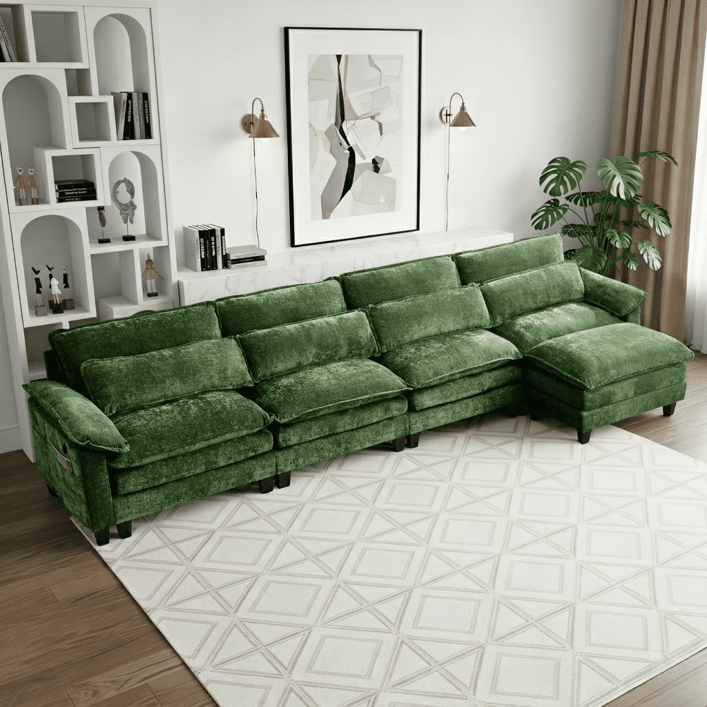 Howcool 148" Modular Sectional Sofa , 4 Seater L-Shaped Cloud Couch with Movable Ottoman, USB Charging Ports & Side Pockets, Sectional couchs for Living Room,Chenille Fabric,Green