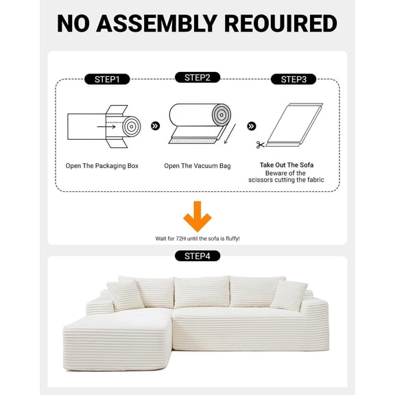 Howcool 104" Cloud Sectional Sofa, Oversized Boneless Modular L-Shaped Couch with Deep Seat & Oversized Chaise, Memory Foam Compression Sofa, No Assembly for Living Room Apartment,White