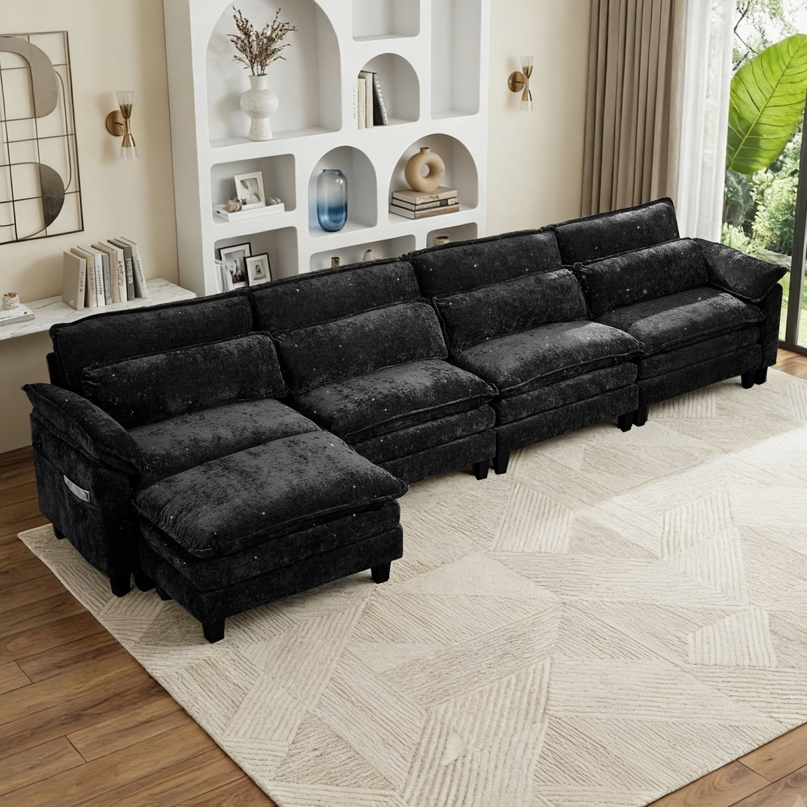 Howcool 148" Modular Sectional Sofa , 4 Seater L-Shaped Cloud Couch with Movable Ottoman, USB Charging Ports & Side Pockets, Sectional couchs for Living Room,Chenille Fabric,Black
