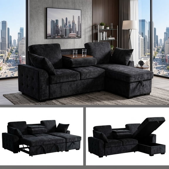 Howcool Sectional Sleeper Sofa,L Shaped Chenille Convertible Sofa Bed 85.5" 3 Seater with Flip-Down Center Console,Pull Out Couch for Living Room Apartment Office,Dark Grey